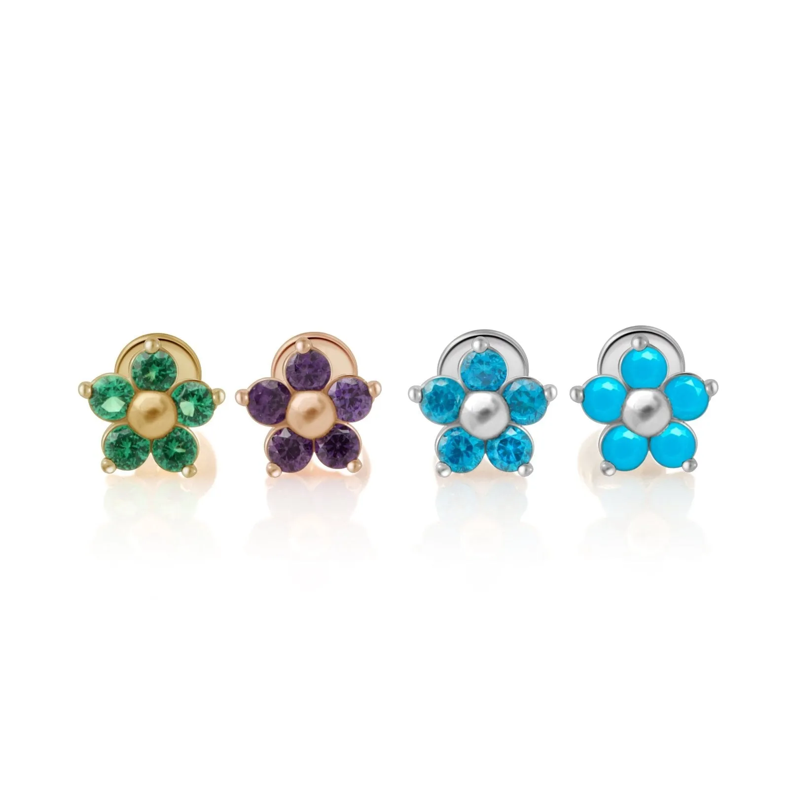 14k Gold Blue Topaz Flower Tragus Helix Internally Threaded Flower Flat Back Earring Labret Stud