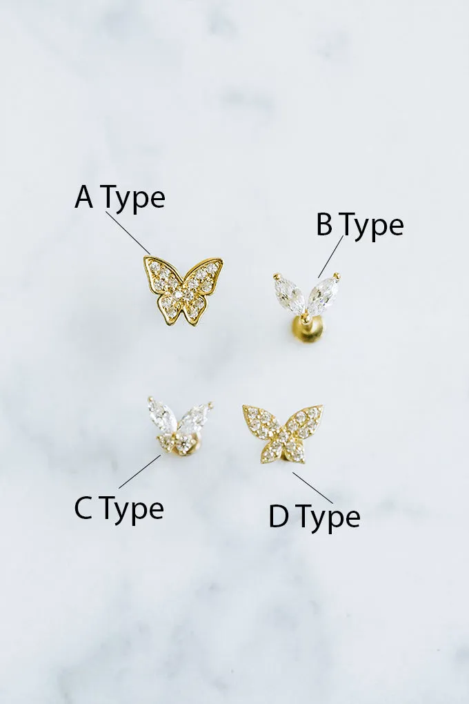 14k Gold Butterfly Cz Cartilage Tragus Helix Internally Threaded Flower Flat Back Earring Labret