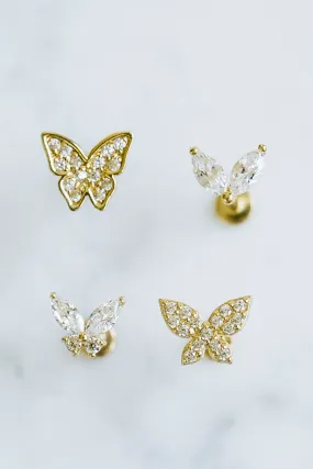 14k Gold Butterfly Cz Cartilage Tragus Helix Internally Threaded Flower Flat Back Earring Labret