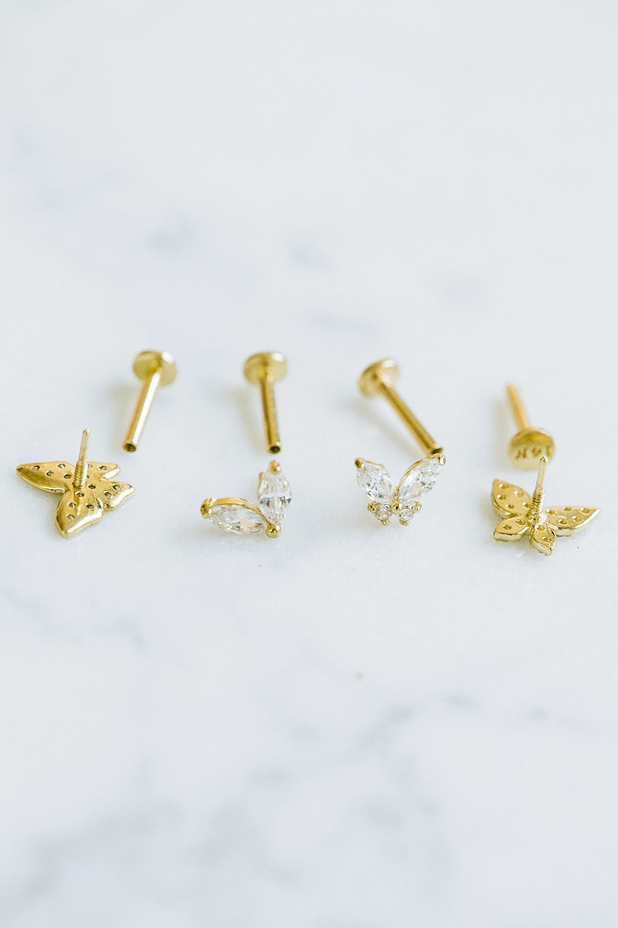 14k Gold Butterfly Cz Cartilage Tragus Helix Internally Threaded Flower Flat Back Earring Labret