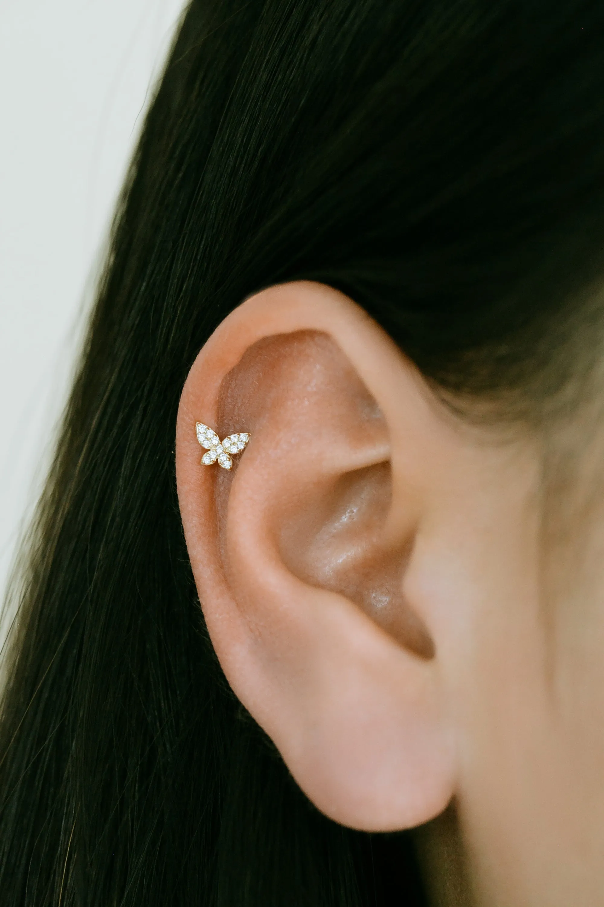 14k Gold Butterfly Cz Cartilage Tragus Helix Internally Threaded Flower Flat Back Earring Labret