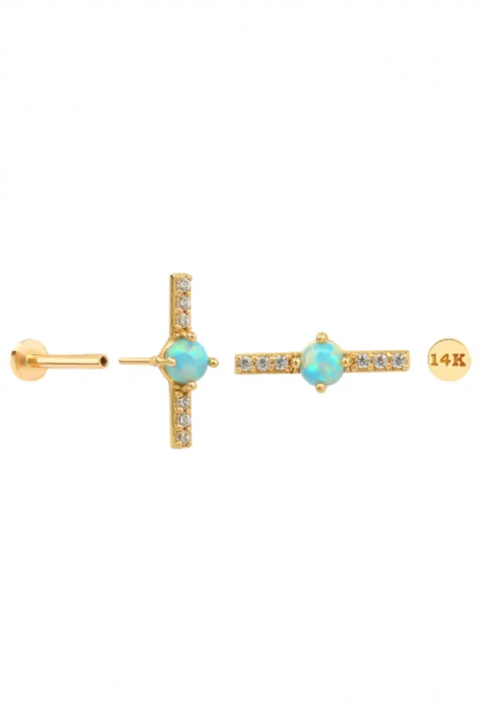 14k Gold Cz Opal Stick Bar Tragus Helix Internally Threaded Flat Back Earring Labret Stud