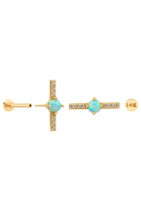 14k Gold Cz Opal Stick Bar Tragus Helix Internally Threaded Flat Back Earring Labret Stud