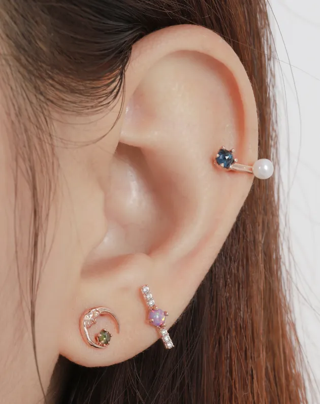 14k Gold Cz Opal Stick Bar Tragus Helix Internally Threaded Flat Back Earring Labret Stud