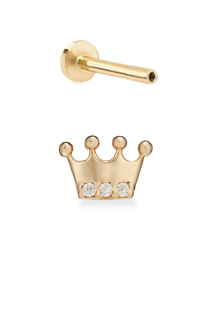 14K Gold King Crown Inner Conch Cartilage Internally Threaded Flat Back Earring Labret Stud