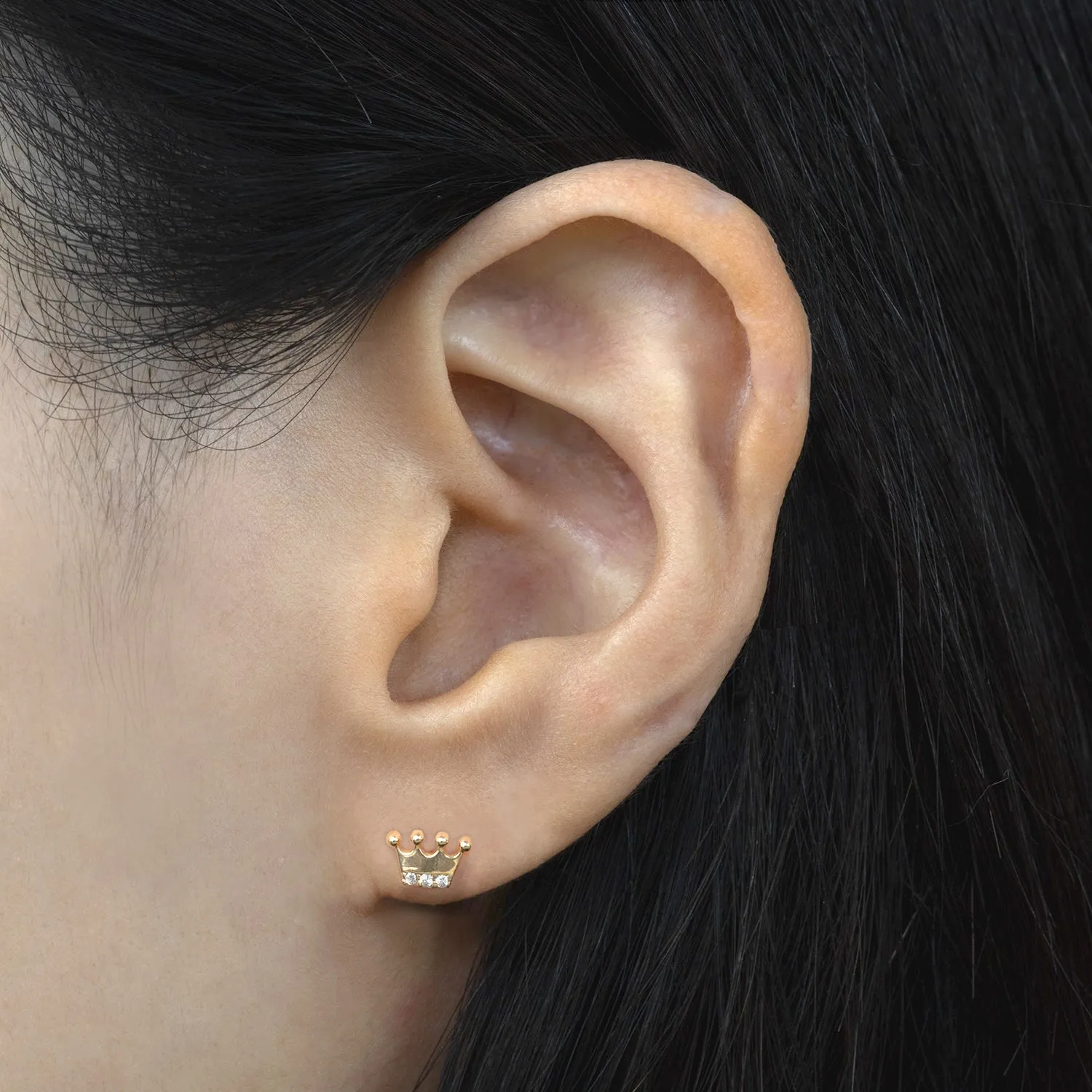 14K Gold King Crown Inner Conch Cartilage Internally Threaded Flat Back Earring Labret Stud