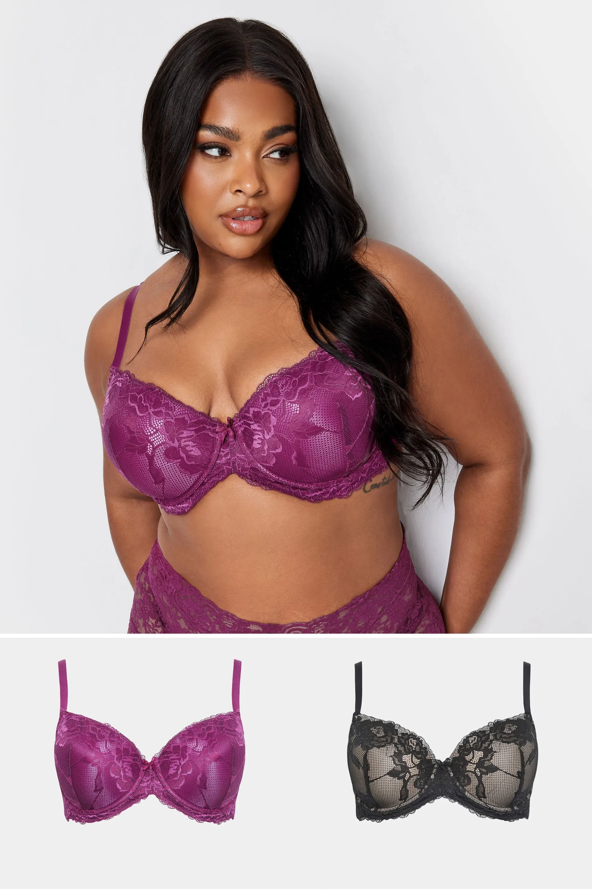 2 PACK Purple & Black Satin Lace Padded Bras