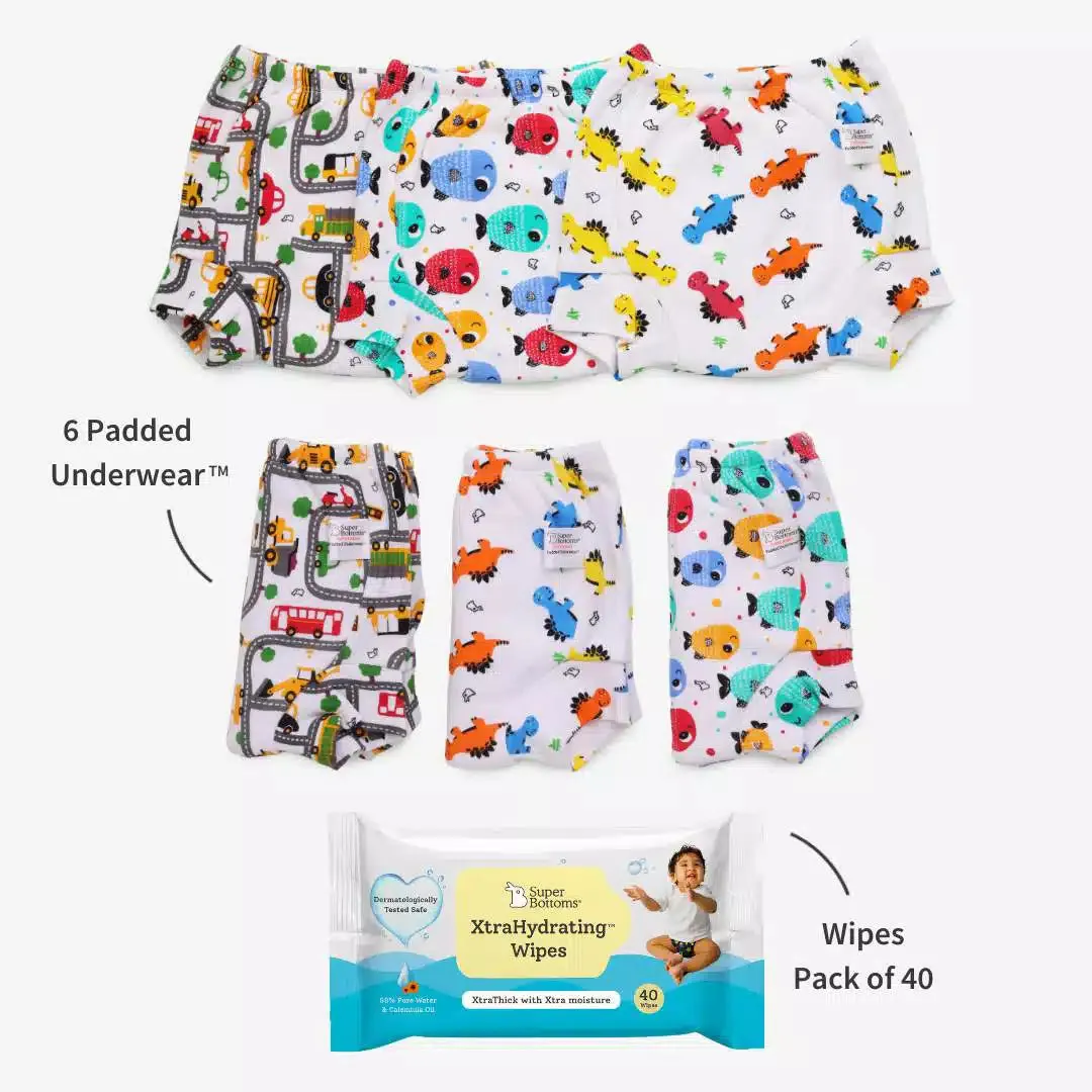 6 Pack Padded Underwear + XtraHydrating Wipes - 40 Pack