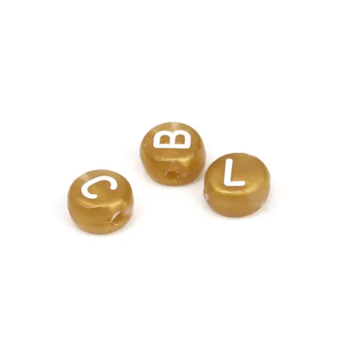 Acrylic Beads, Flat, Round, Alphabet, Letter, Opaque, Gold, White, Mixed, A-Z, 7mm