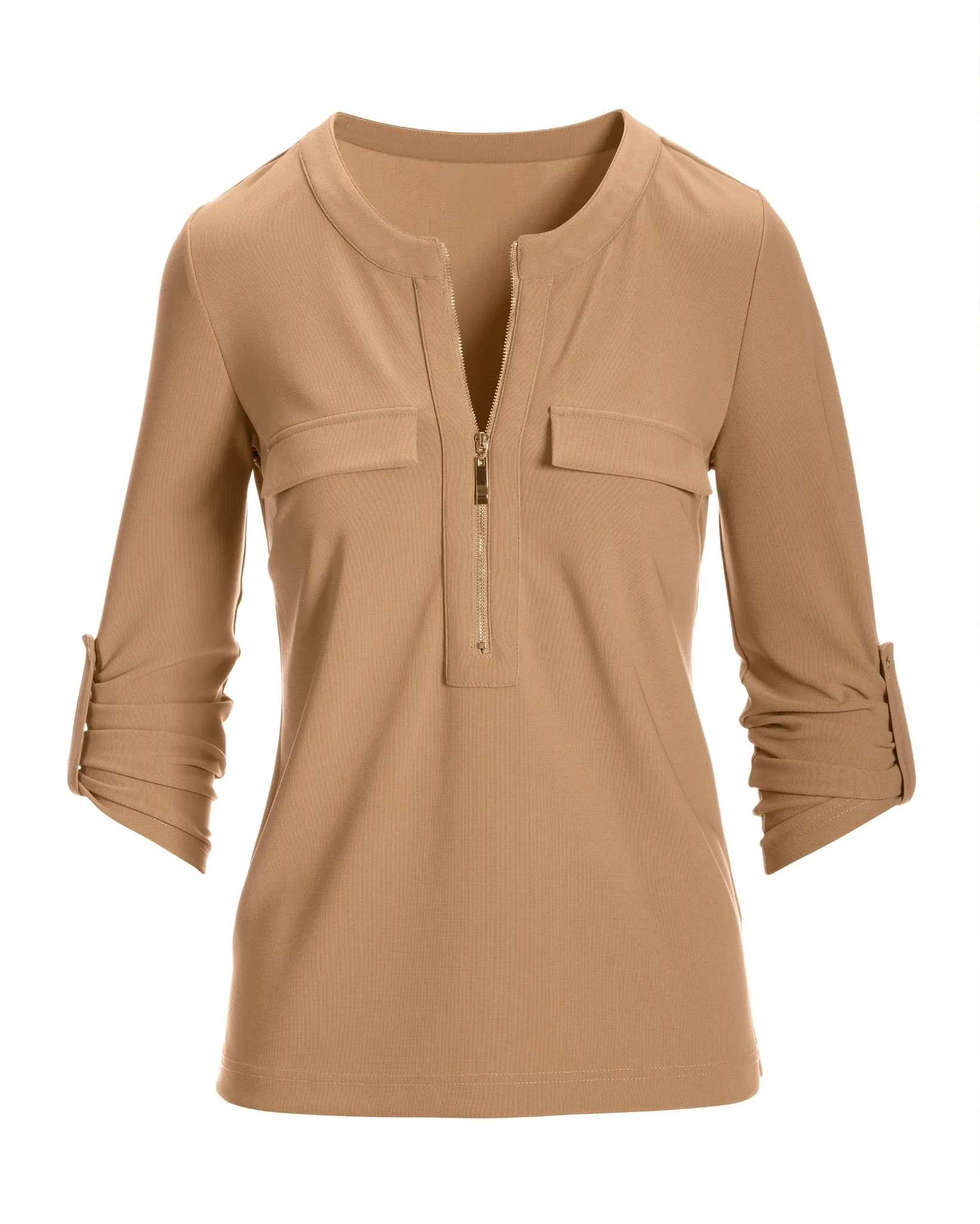 Beyond Travel Zip Tab Sleeve Top Camel