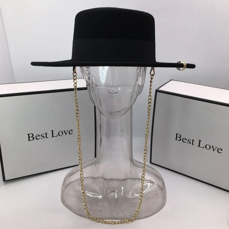 Black Wool Solid Pattern Hat with Chains Brim for Men and Women