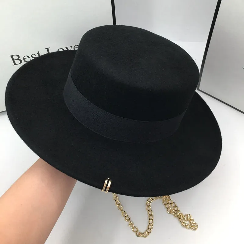 Black Wool Solid Pattern Hat with Chains Brim for Men and Women