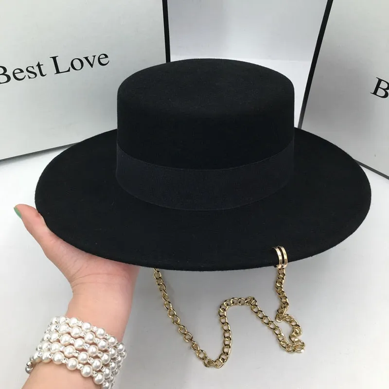 Black Wool Solid Pattern Hat with Chains Brim for Men and Women