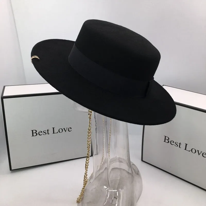 Black Wool Solid Pattern Hat with Chains Brim for Men and Women