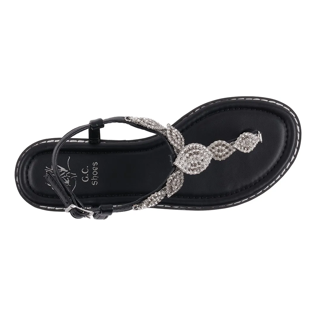 Cali Black Jeweled T-Strap Slingback Flat Sandals