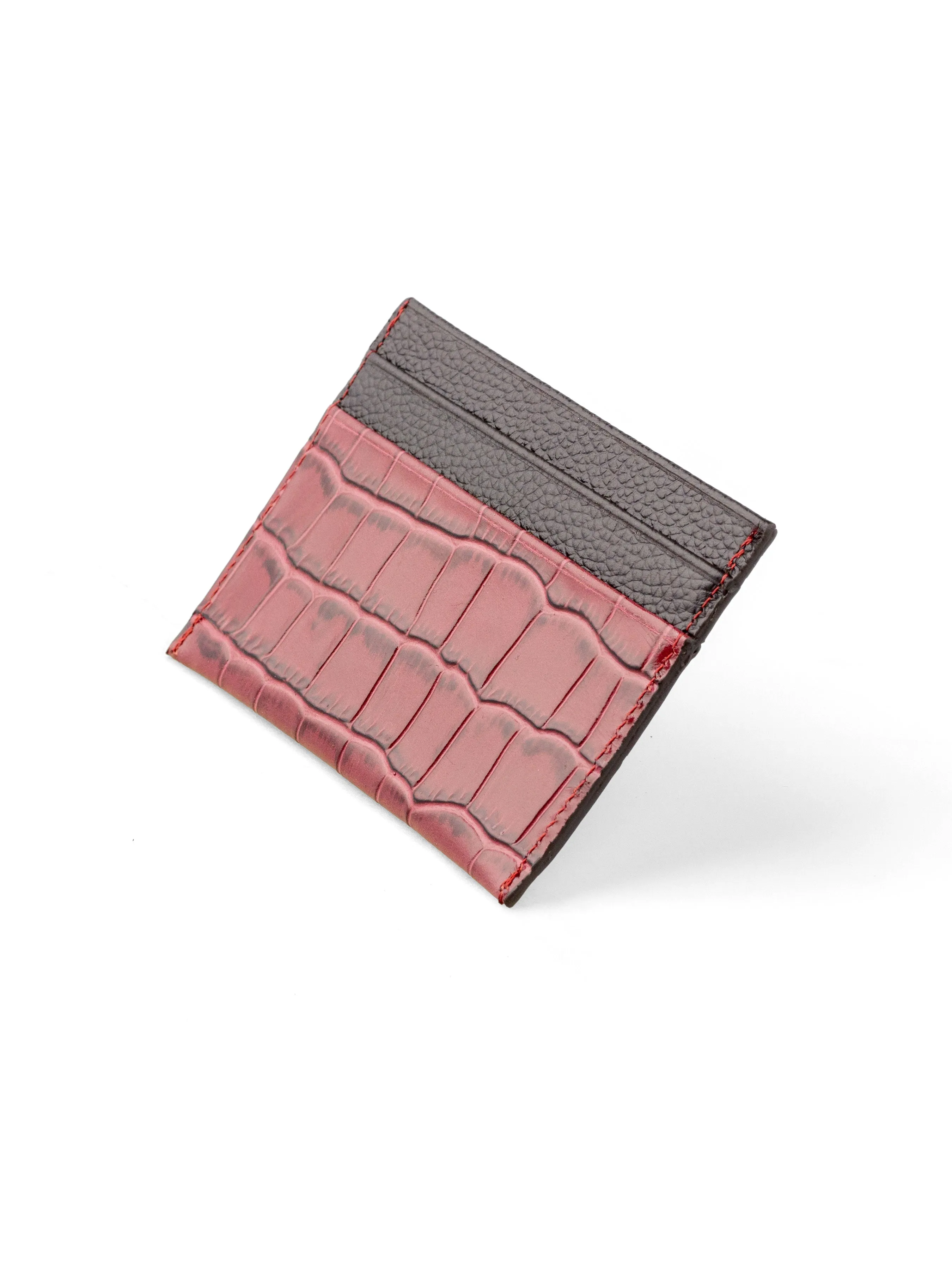 Card Holder - Red Burgundy Polished Croco Leather