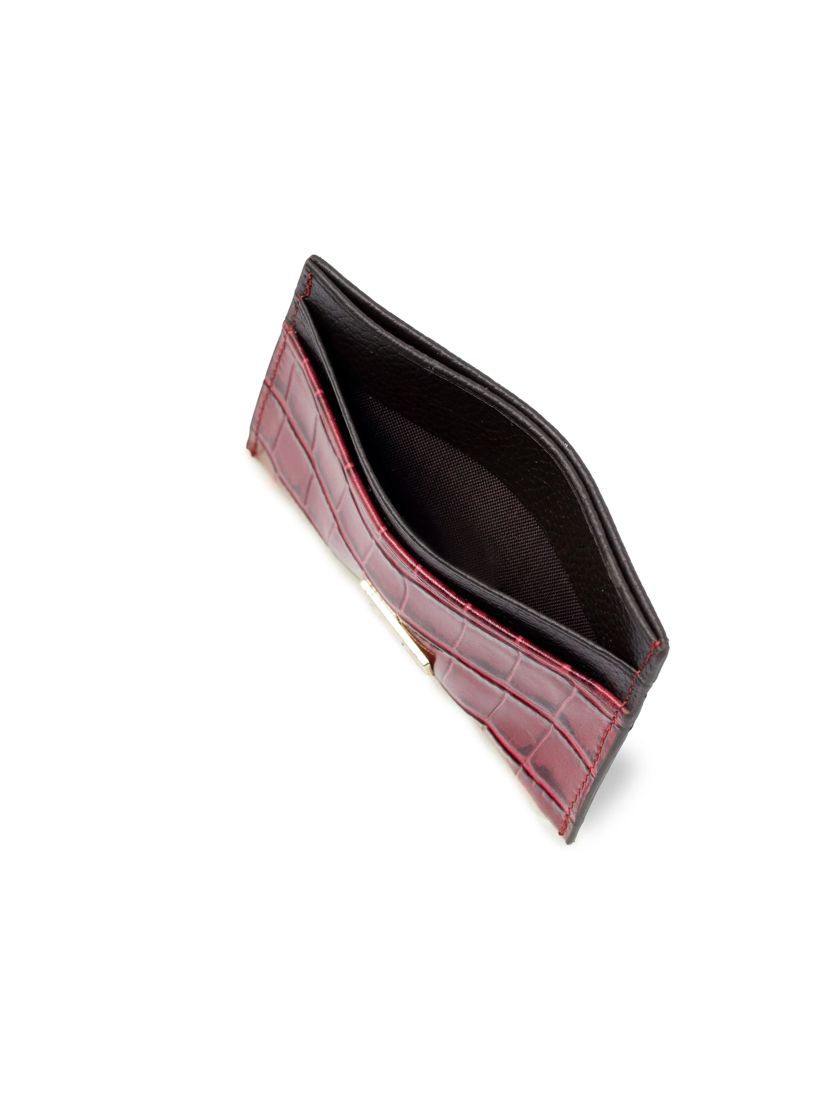 Card Holder - Red Burgundy Polished Croco Leather