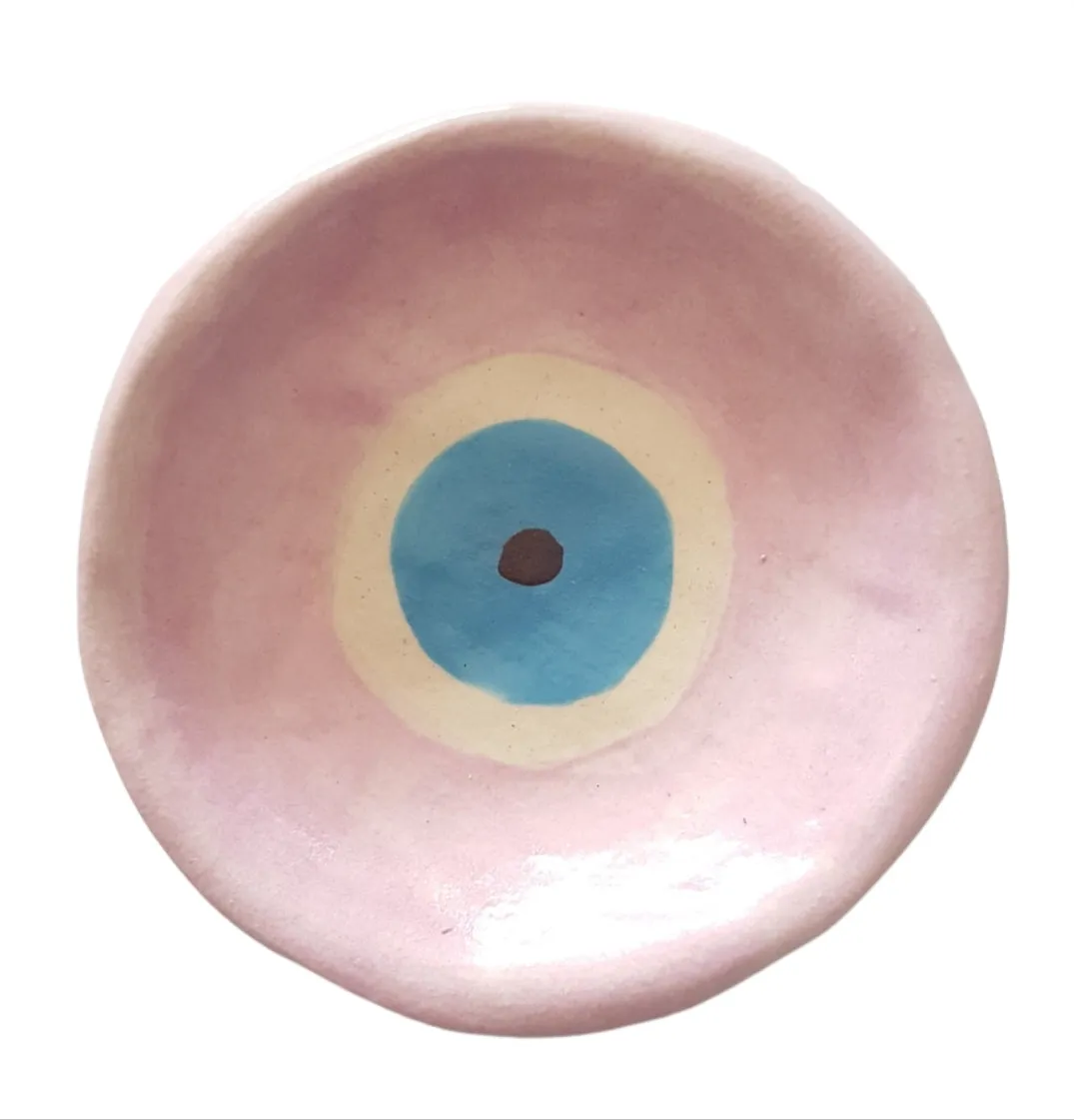 Ceramic trinket dish pink evil eye design