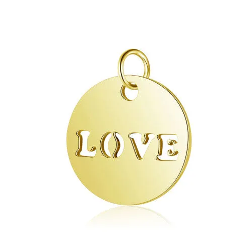 Charms, 304 Stainless Steel, Flat, Round, With Word LOVE, Golden, 12mm