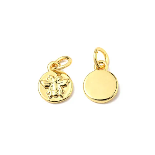 Charms, Honey Bee, Flat, Round, With Jump Ring, Gold Plated, Brass, 10mm