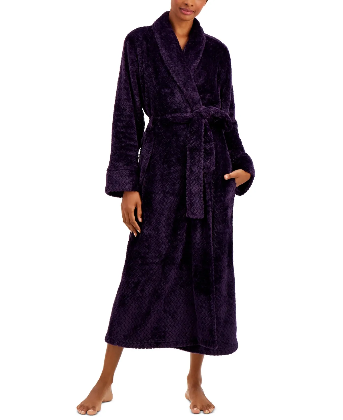 Charter Club Women's Plush Zigzag Long Cozy Plush Wrap Robe Purple Size X-Large