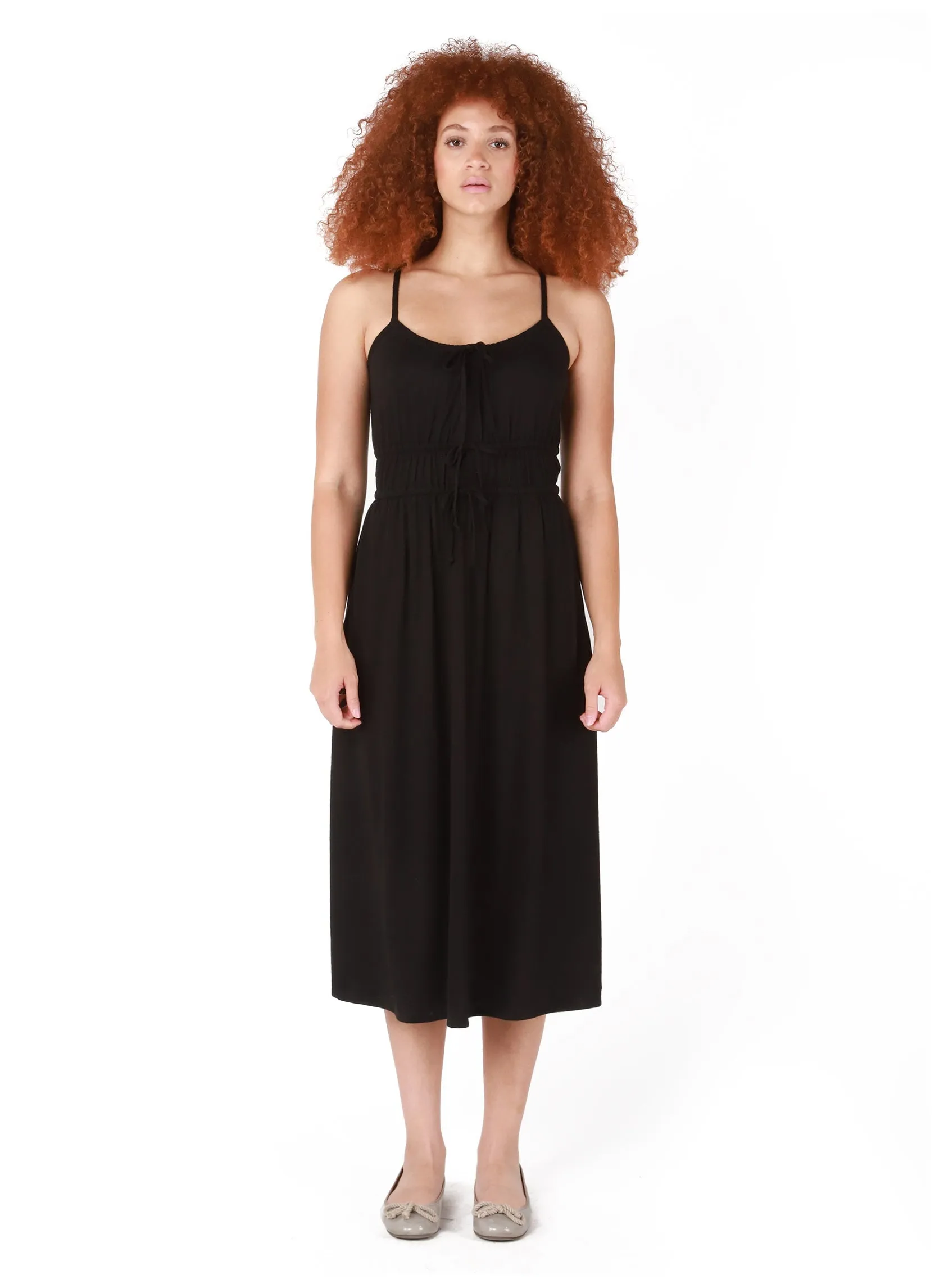 Dex Tie Front Drawstring Midi Dress In Black