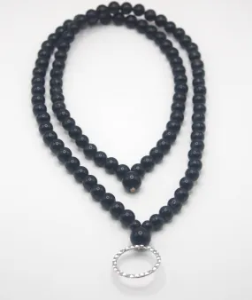 Gemstone Lanyard - 8mm Black Tourmaline Necklace 30 inch with Stylish ring for badge or card.