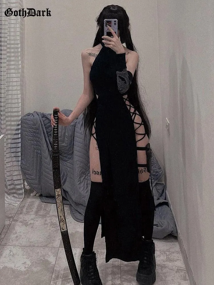 High Split Sexy Bandage Gothic Halter Slim Midi Dress Black