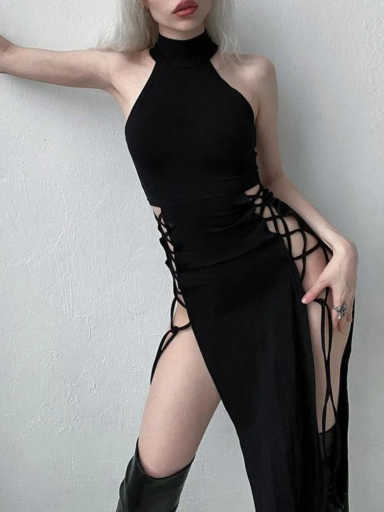 High Split Sexy Bandage Gothic Halter Slim Midi Dress Black