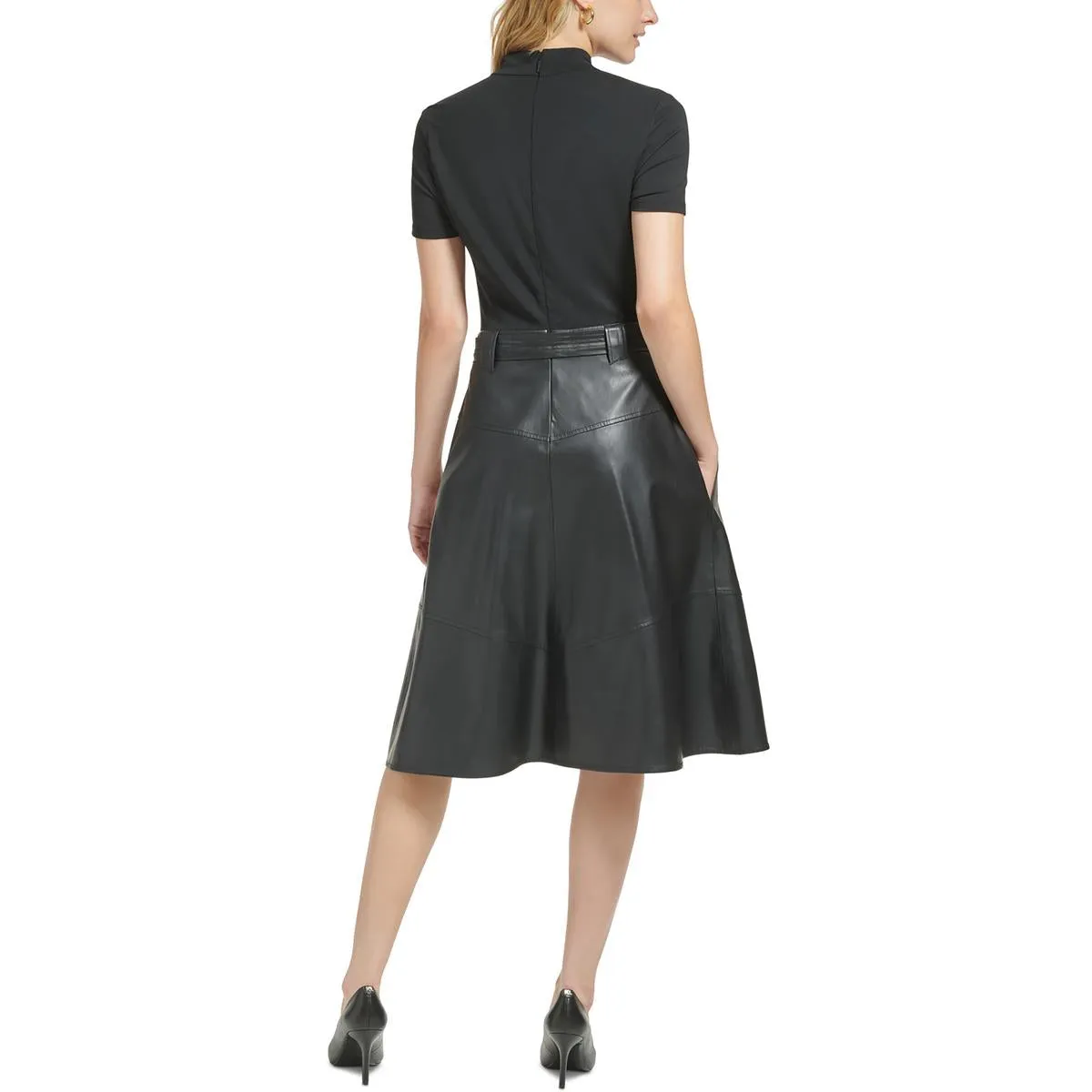 Karl Lagerfeld Paris Womens Faux Leather Trim Midi Sheath Dress