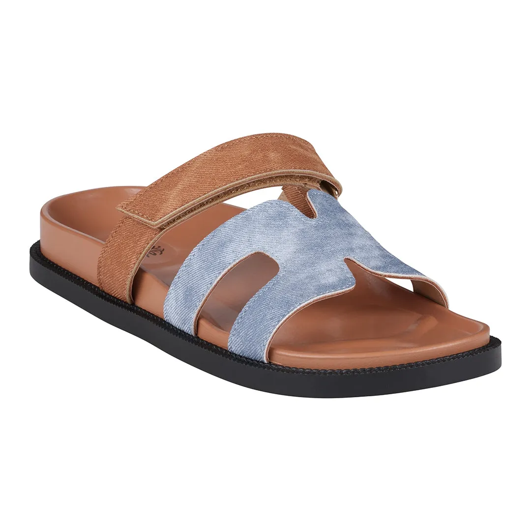 Kelly Denim/Tan Cut-Out Slide Flat Sandals