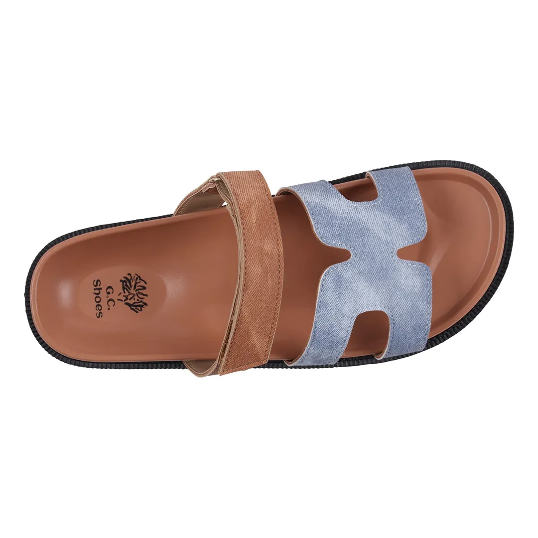 Kelly Denim/Tan Cut-Out Slide Flat Sandals