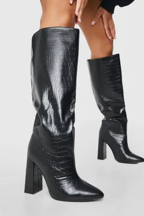 Knee High Block Heel Croc Boots