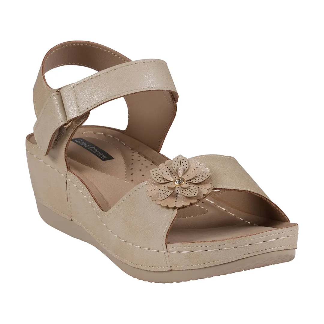 Maxwell Gold Flower Velcro Slingback Wedge Sandals