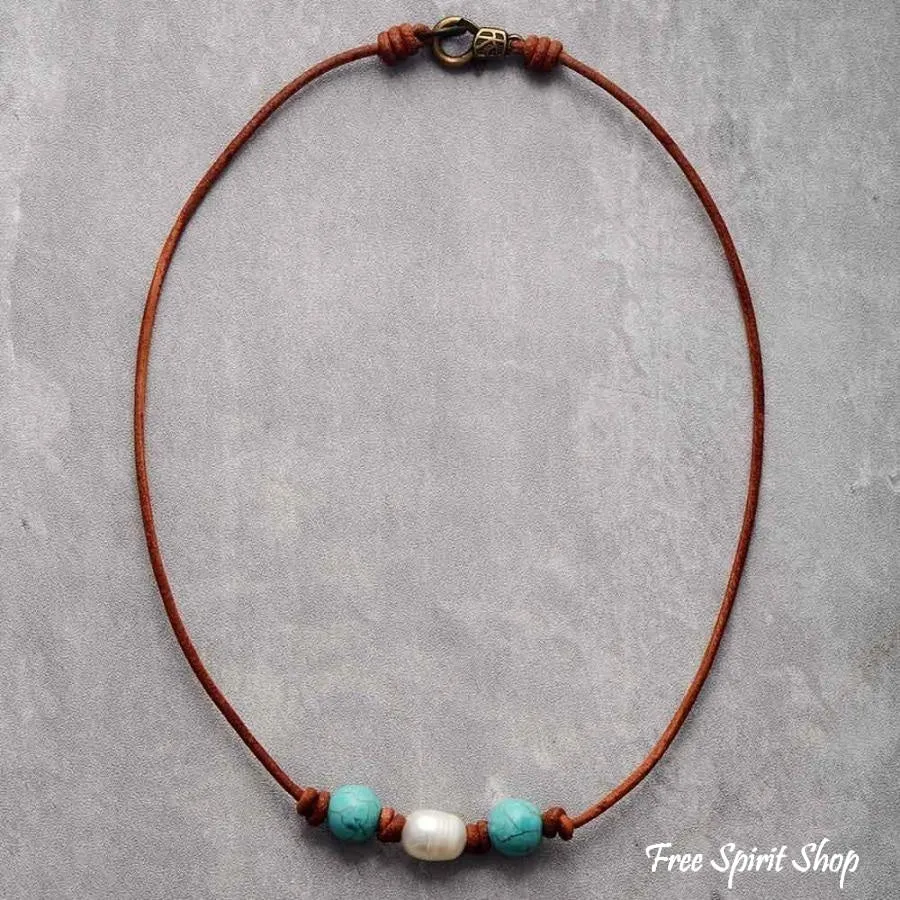 Natural Freshwater Pearl & Turquoise Leather Choker Necklace