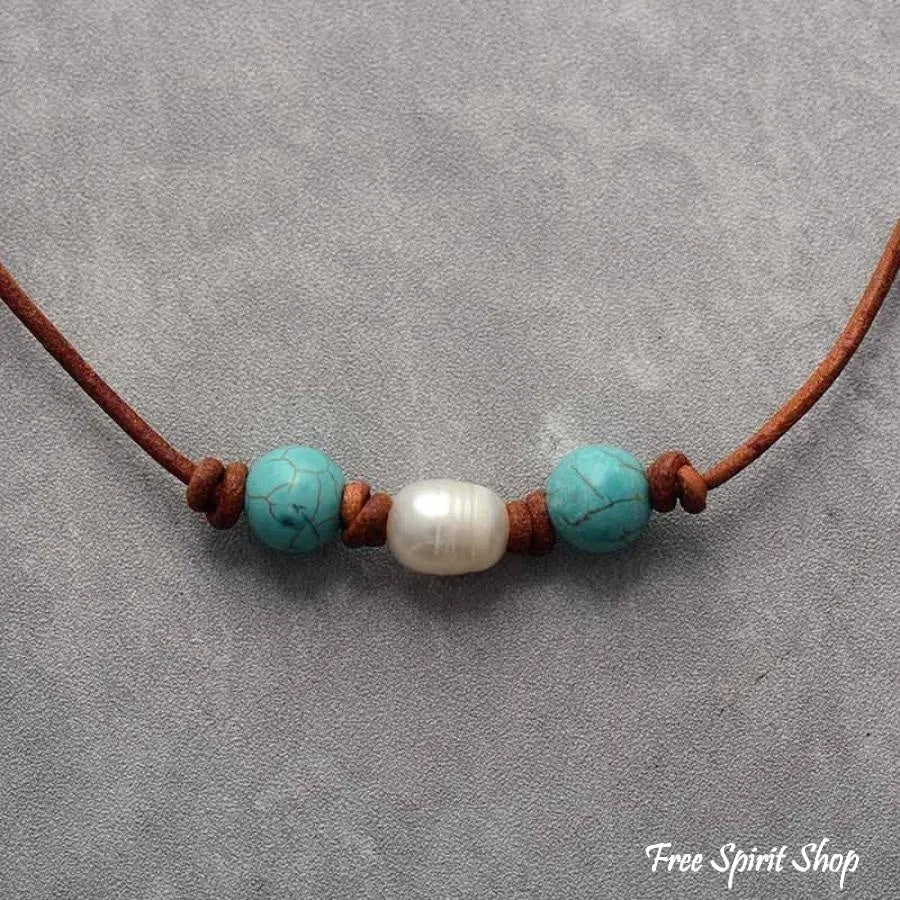 Natural Freshwater Pearl & Turquoise Leather Choker Necklace