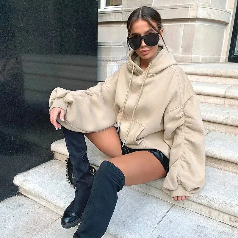 Oversized Puff Sleeve Hooded Top