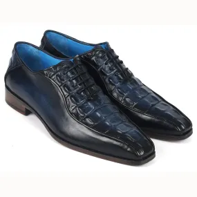 Paul Parkman Croco Textured Leather Bicycle Toe Oxfords Navy