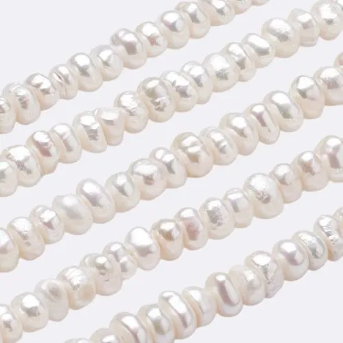 Pearl Beads, Natural, Freshwater, Cultured, Flat Round, White, 3-3.5x6-6.5x5.5-6mm