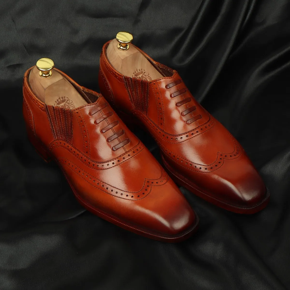 Tan Lazy Man Stylish Wingtip Punching with Fixed Lace Oxfords by Brune & Bareskin