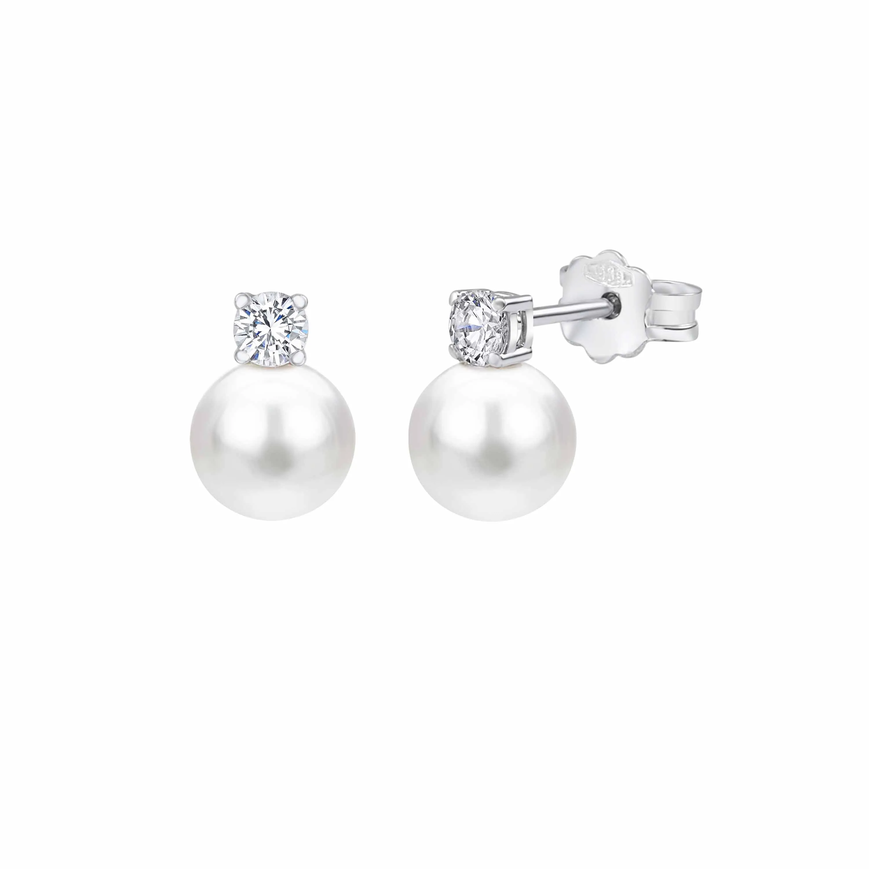 UNICORNJ 14K White Gold Freshwater Cultured Pearl Post Stud Earrings with Simulated Diamond CZ 5 7 8 mm Italy