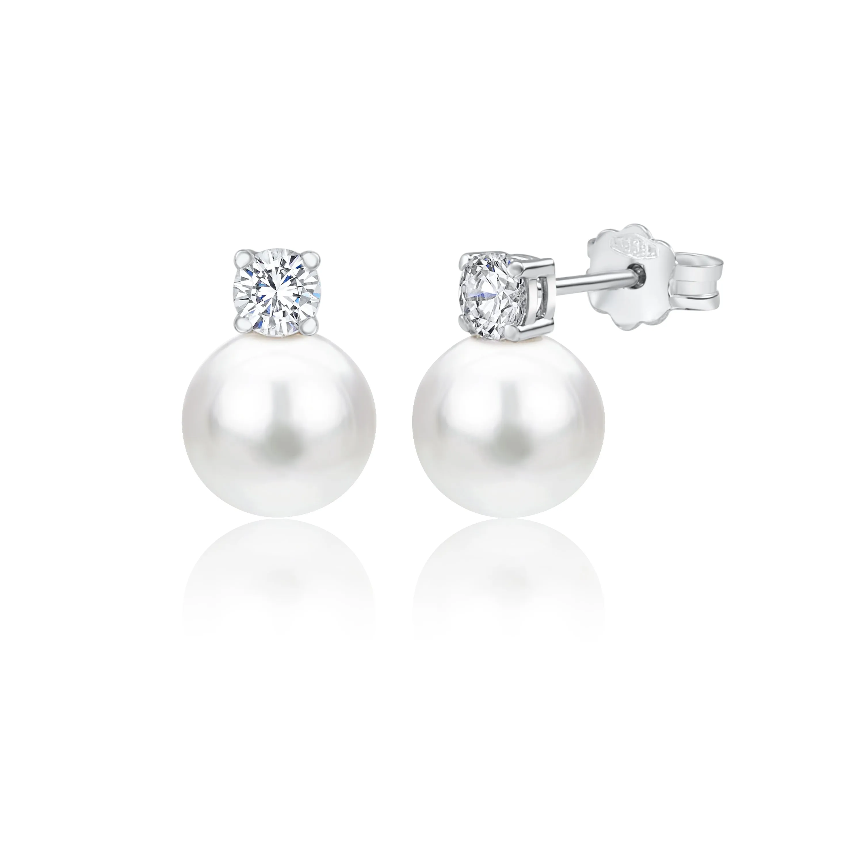 UNICORNJ 14K White Gold Freshwater Cultured Pearl Post Stud Earrings with Simulated Diamond CZ 5 7 8 mm Italy