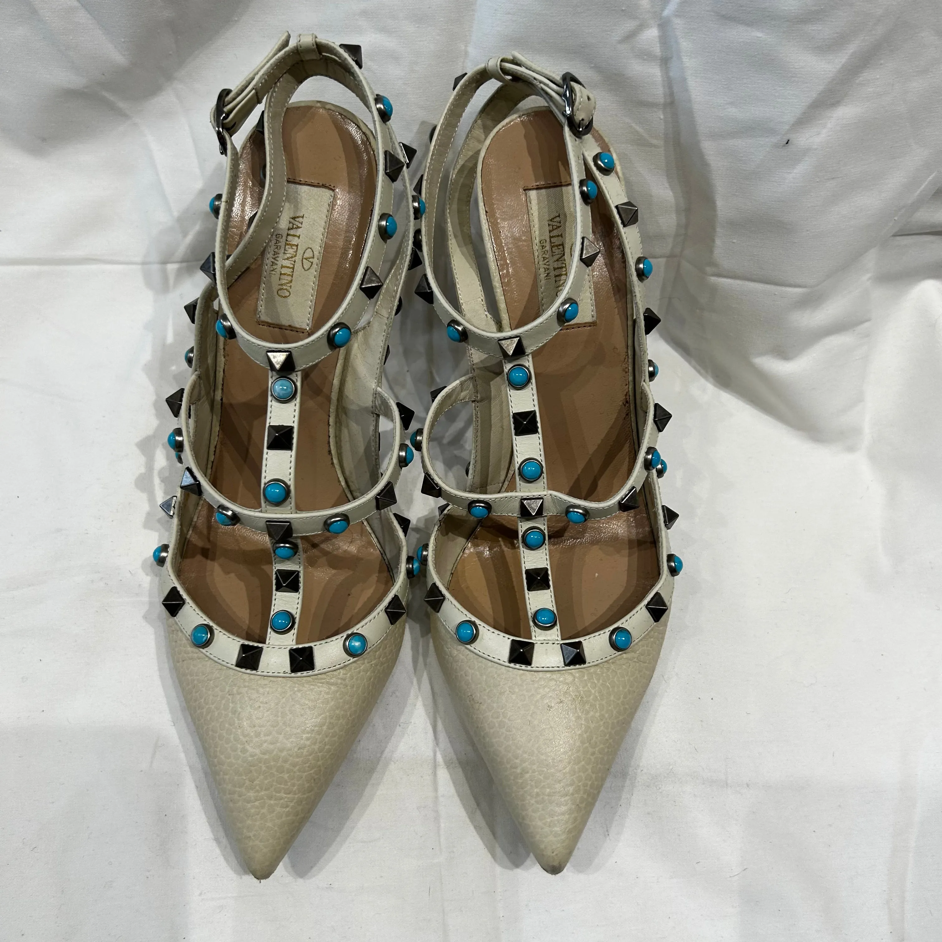 Valentino Cream Rolling Rockstud Turquoise Ankle Strap Sandals 40