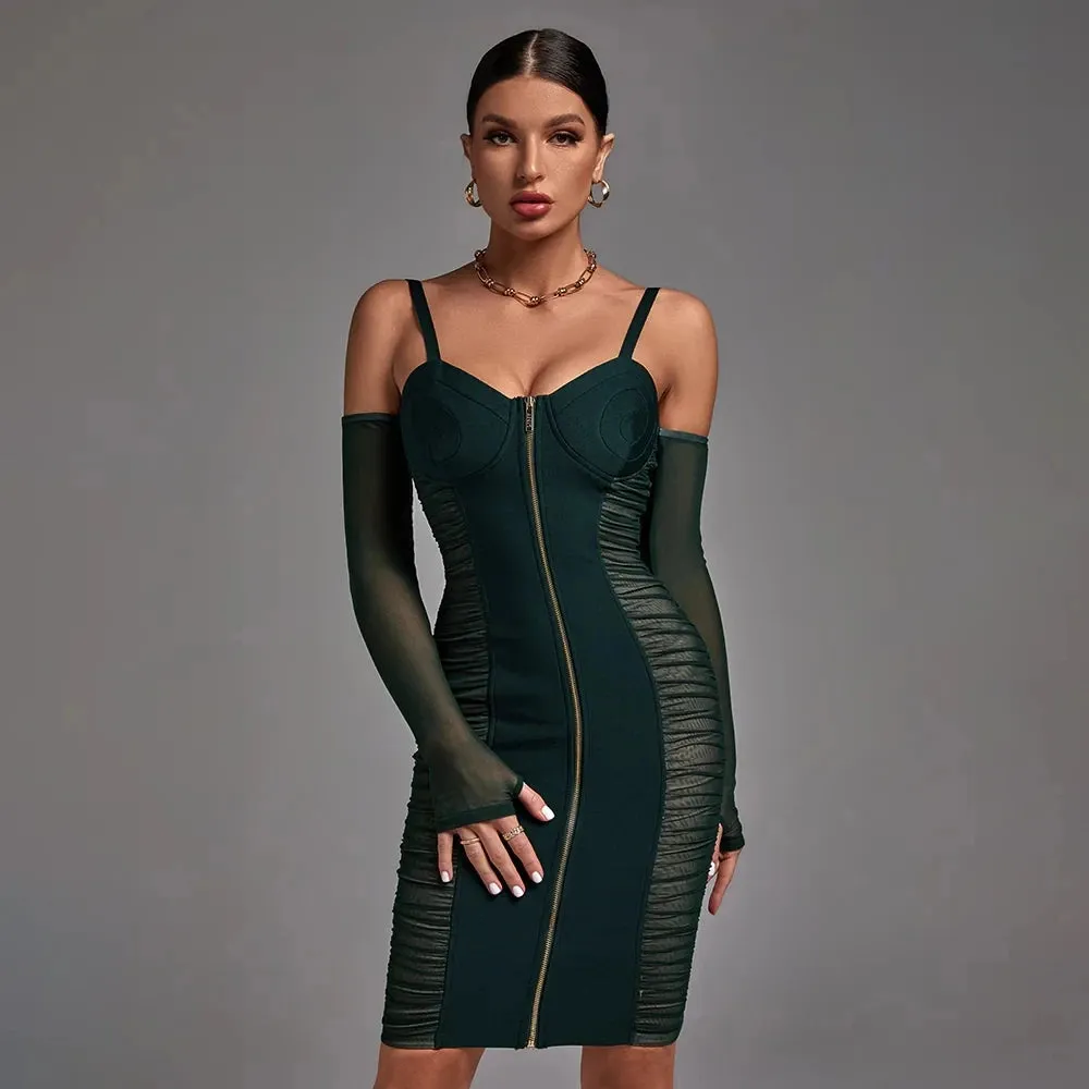 Women's Sexy Strap Front Zipper Slim Fit Mid-Calf Bandage Dress