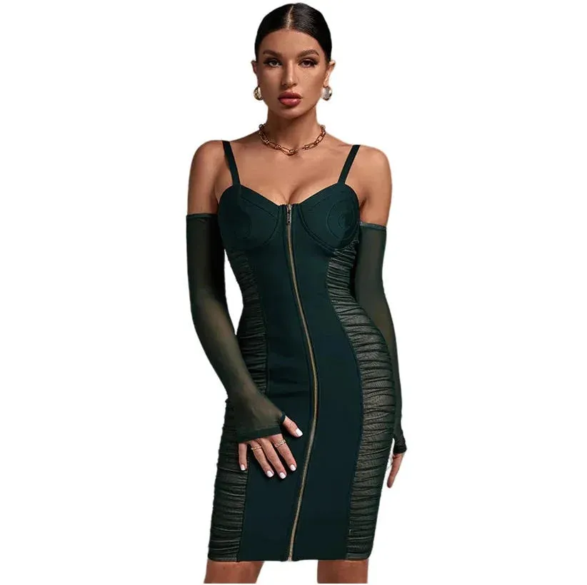 Women's Sexy Strap Front Zipper Slim Fit Mid-Calf Bandage Dress