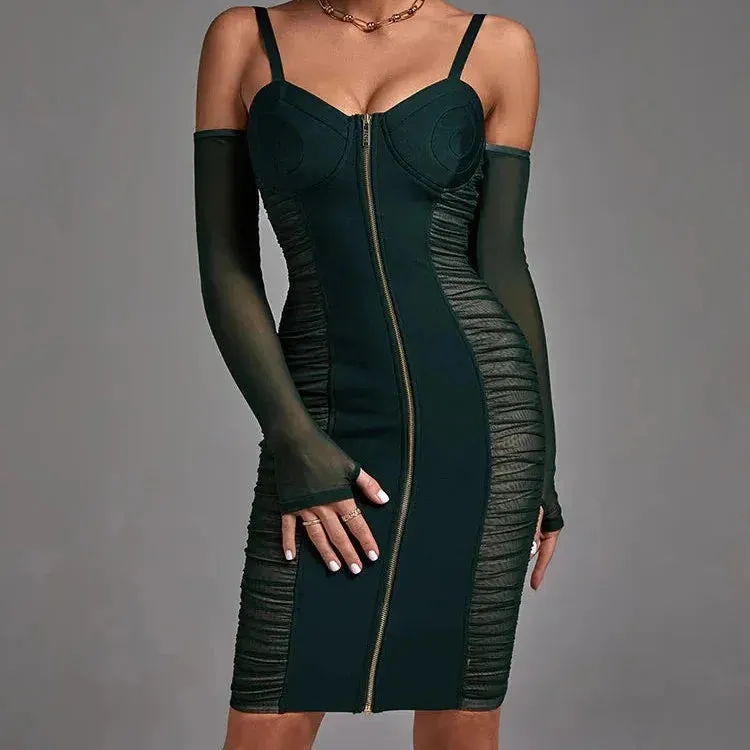 Women's Sexy Strap Front Zipper Slim Fit Mid-Calf Bandage Dress