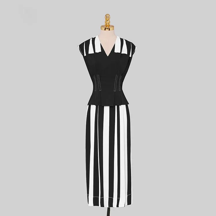 Women's Striped Patchwork Mid Calf Short Sleeves Vintage Dresses