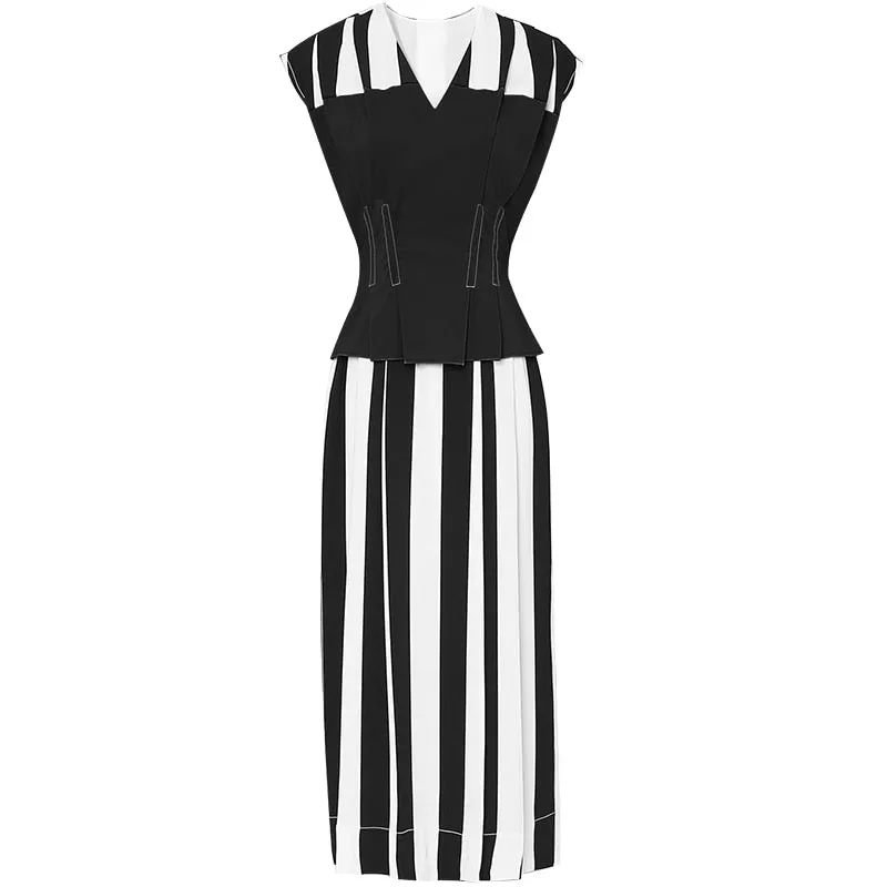 Women's Striped Patchwork Mid Calf Short Sleeves Vintage Dresses