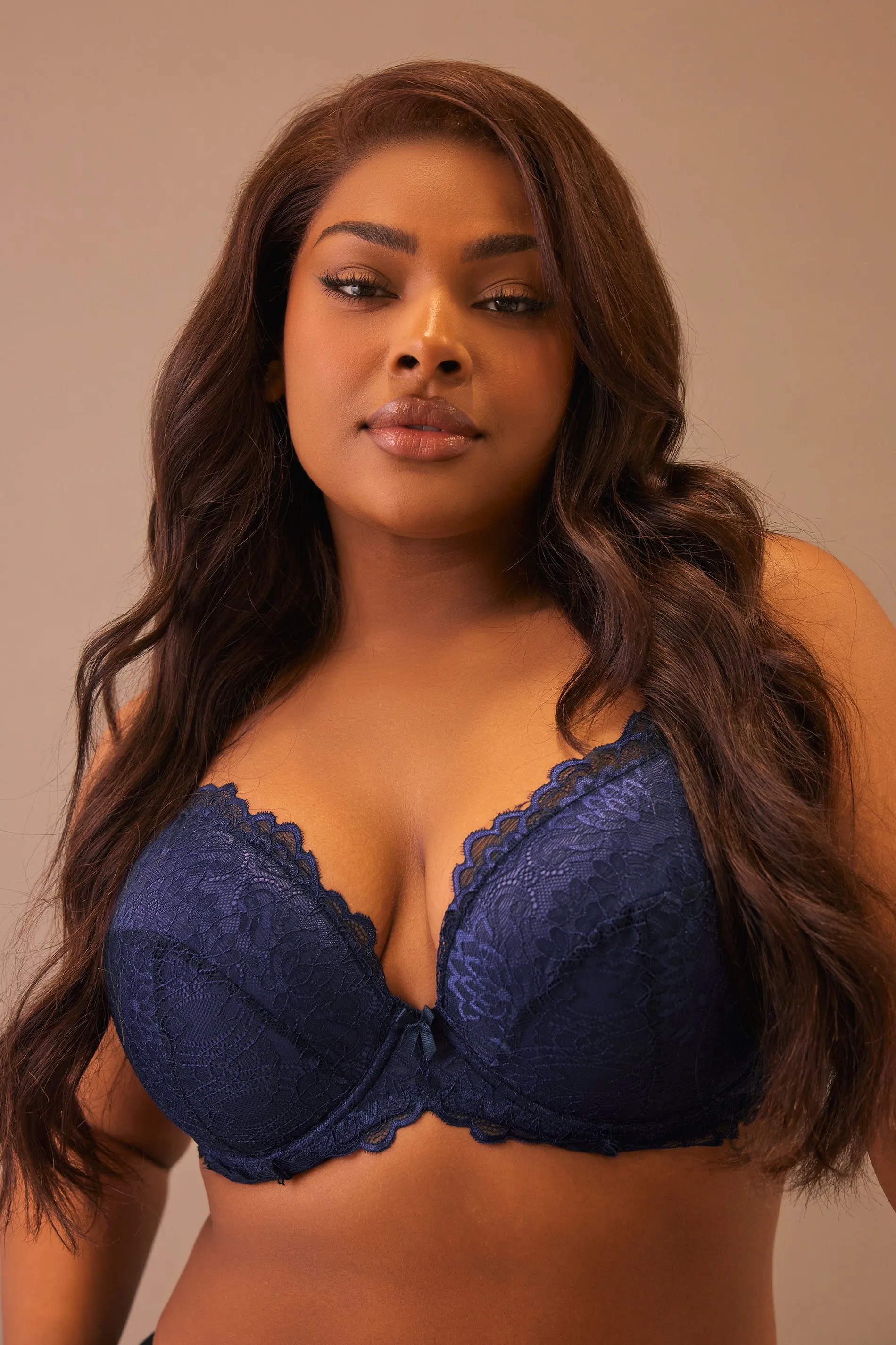 YOURS Ink Blue Lace Padded Underwired Plunge Bra